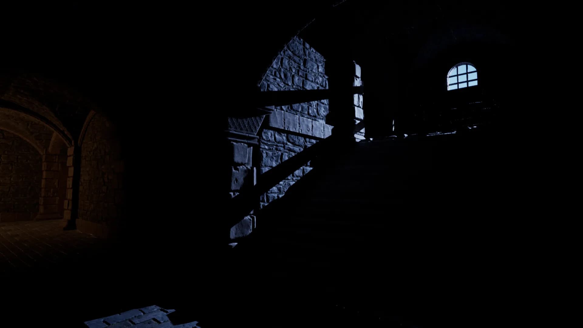 Screenshot 2: Stairs to the crypt illuminated by light from the window
