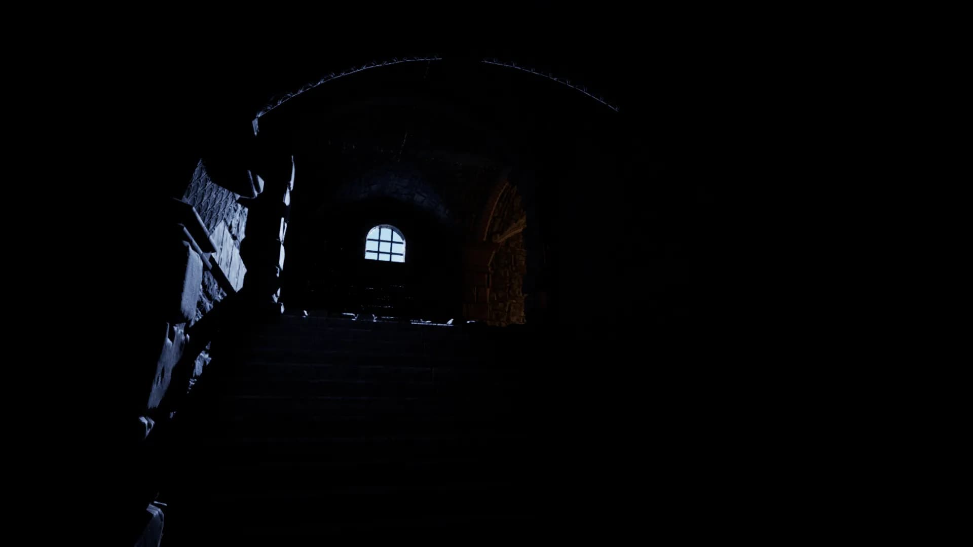 Screenshot 3: Stairs to the crypt illuminated by light from the window