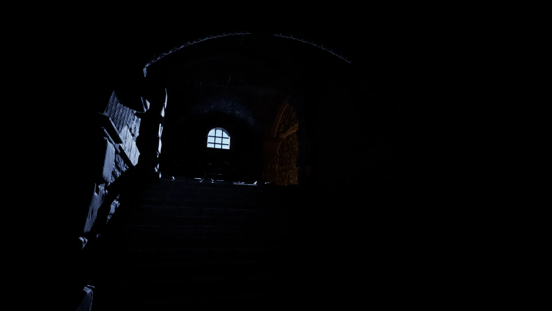 Screenshot 3: Stairs to the crypt illuminated by light from the window