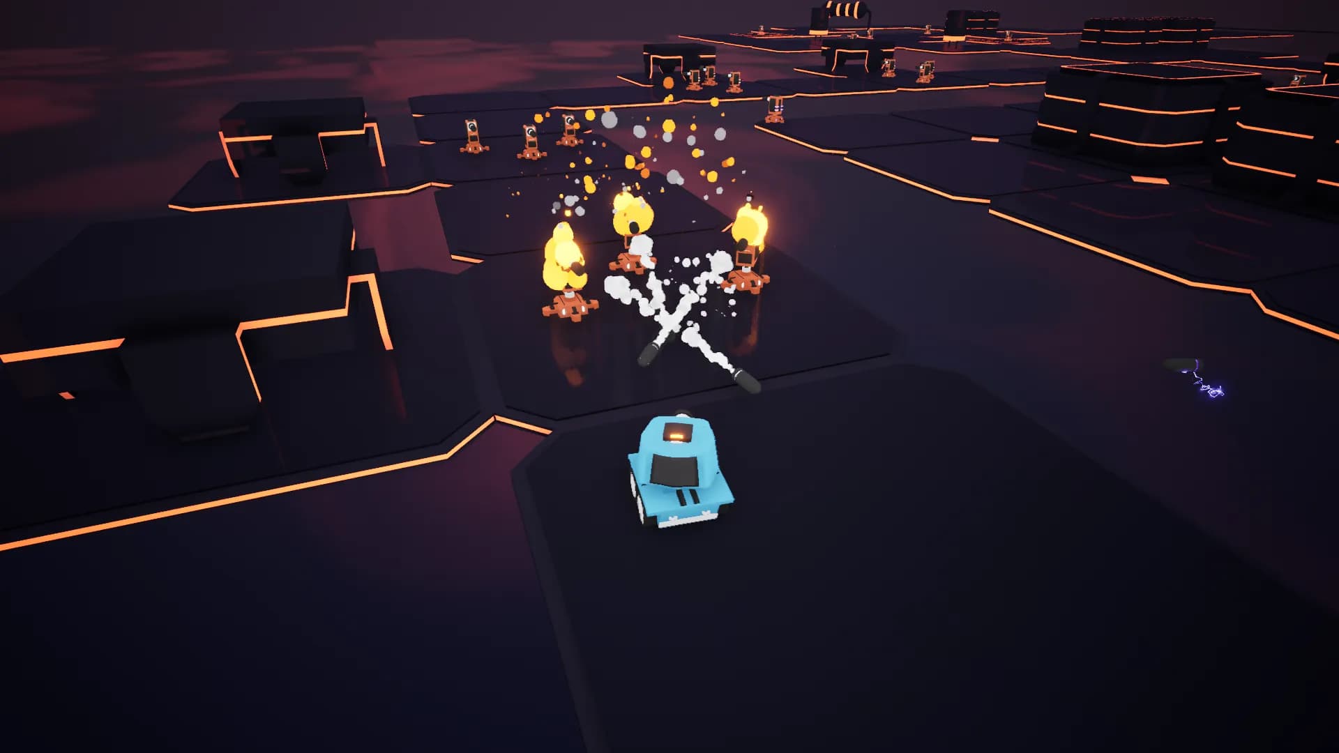 Screenshot 3: Tank dodging projectiles coming from towers on fire
